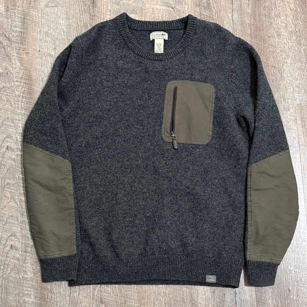 L.L. Bean Men's Dark Gray Sweater with Olive Patches
